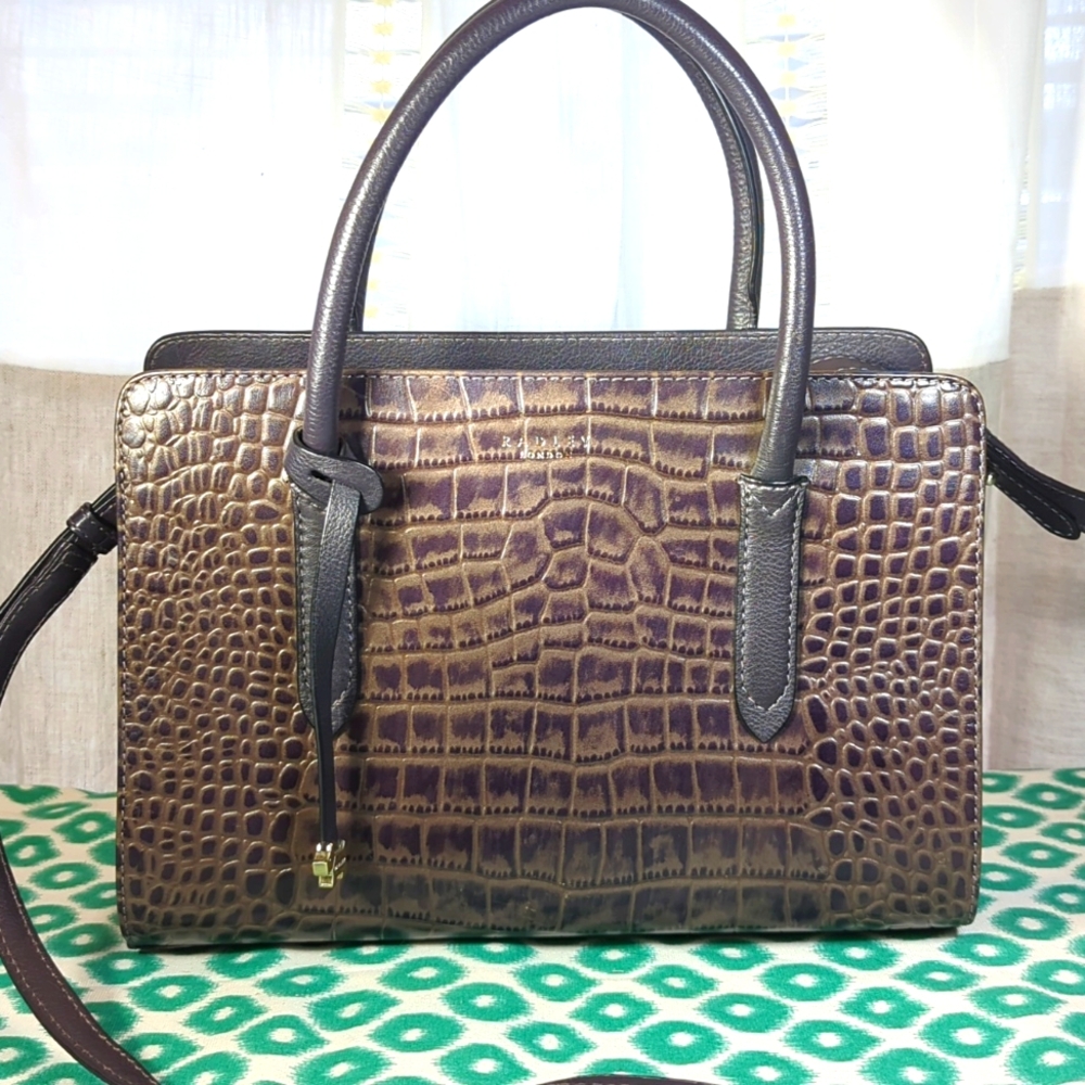 RADLEY LONDON LIVERPOOL CROC EMBOSSED LEATHER SATCHEL in Charcoal